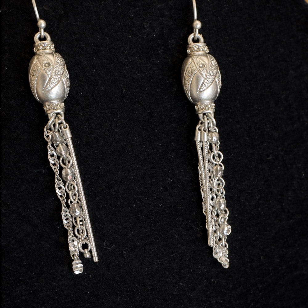 Silver Tone Boho Tassel Drop Earrings Mixed Chain Dangle 3”